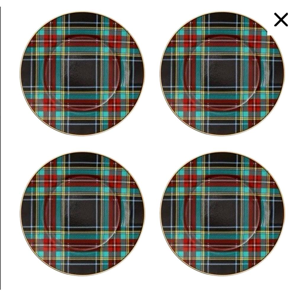 NEW MacKenzie Childs Tartan Black Dinner Plates 10in Set of 4